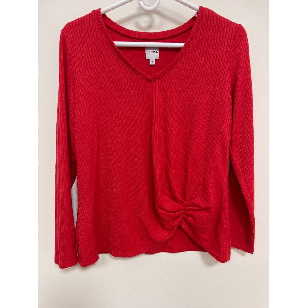 NIC+ZOE Red Ribbed Knit V-Neck Long Sleeve Twist Front Top Size Medium